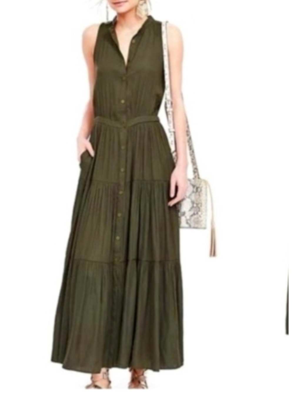 Banana Republic Olive Green Sleeveless Tiered Maxi Dress 12P petite